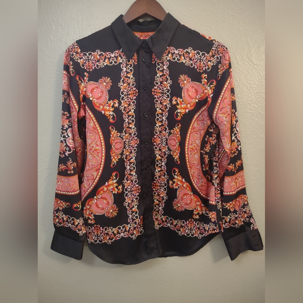 INC International Concepts Medallion Print Black & Orange Satin Blouse